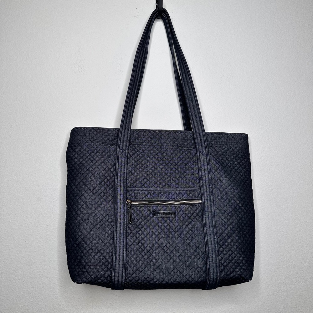 Vera Bradley Iconic Vera Tote Bag Quilted Denim Blue Cotton Floral Lining Large